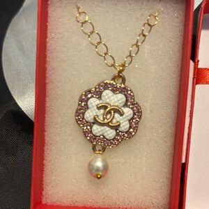 Chanel stamped Elegant Gold and White Pendant Necklace